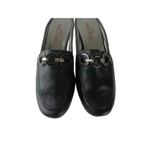 Sesto Meucci Leather Mules Slides Slip On Shoes Black Silver Chain Size 9 M - Picture 2 of 9